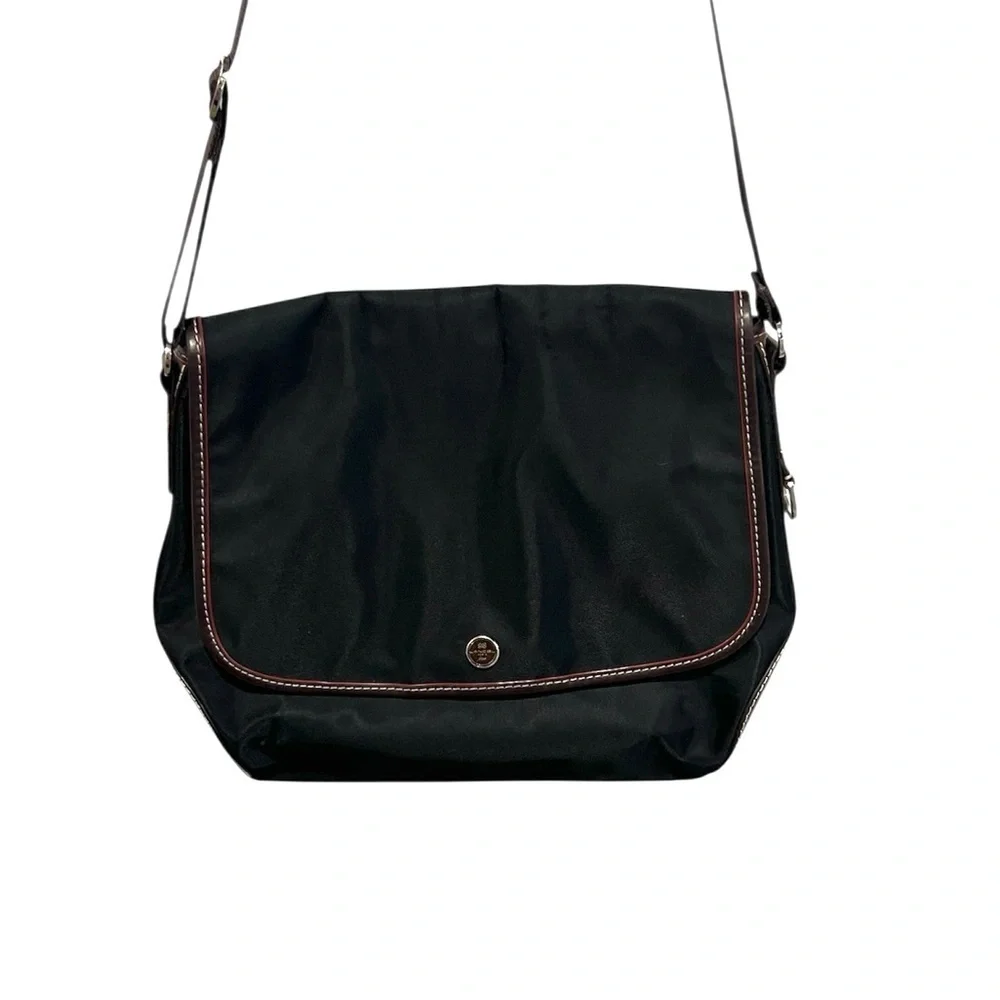 Lancel black nylon messenger crossbody bag with brown leather trim
